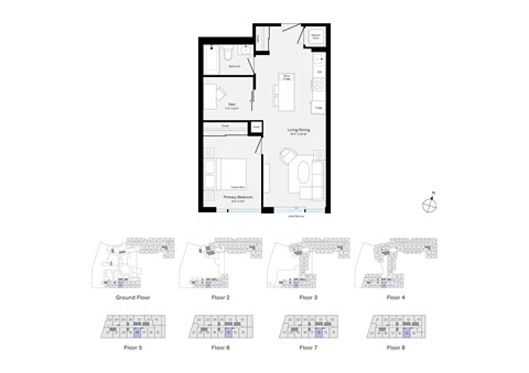 Floor plan for 1 bed, 1 bath, 606 sqft